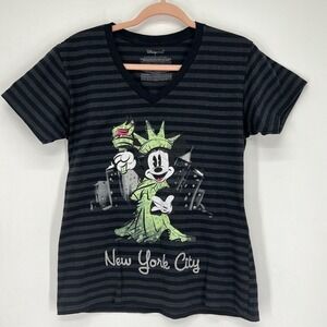 Disney Women Black/Grey T-shirt Large Juniors Stripe Short Sleeve Organic Cotton